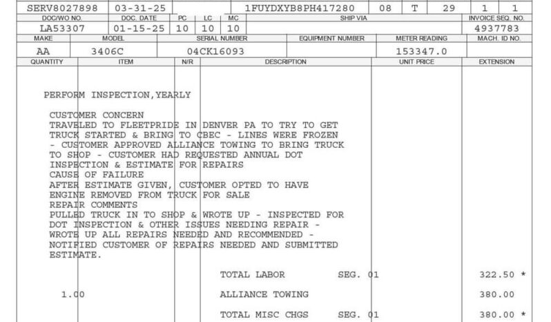 CATERPILLAR 3406B DIESEL ENGINE – SERIAL NUMBER 4CK16093 – 154K MILES ON CAT CERTIFIED OVERHAUL full