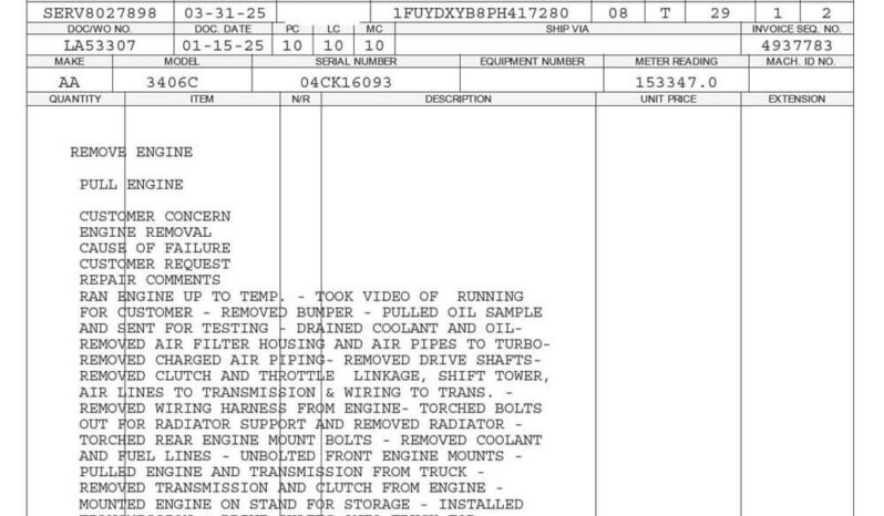CATERPILLAR 3406B DIESEL ENGINE – SERIAL NUMBER 4CK16093 – 154K MILES ON CAT CERTIFIED OVERHAUL full