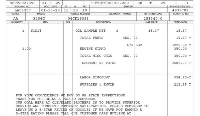 CATERPILLAR 3406B DIESEL ENGINE – SERIAL NUMBER 4CK16093 – 154K MILES ON CAT CERTIFIED OVERHAUL full
