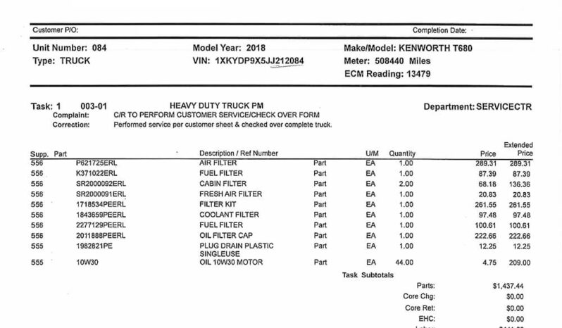 2018 KENWORTH T680 W/131K ON OVERHAUL full