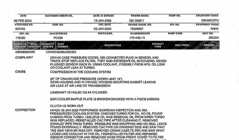 2009 KENWORTH W900L W/226K ON OVERHAUL full