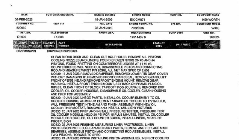 2009 KENWORTH W900L W/226K ON OVERHAUL full