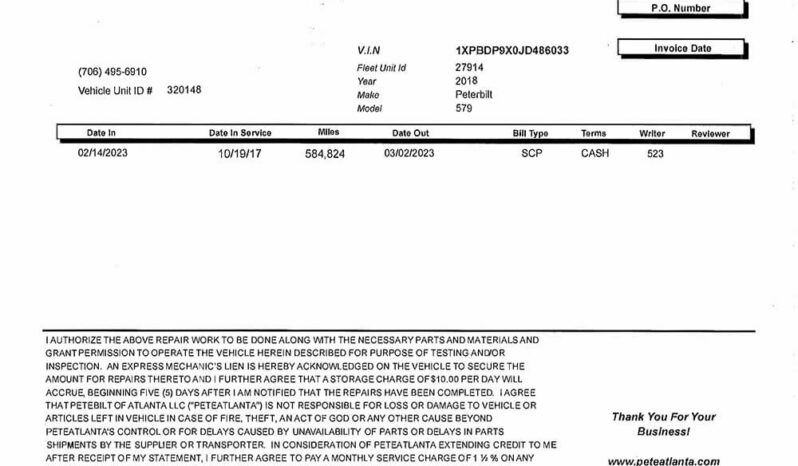 2018 PETERBILT 579 W/70″ SLEEPER & 2-YR WARRANTY full