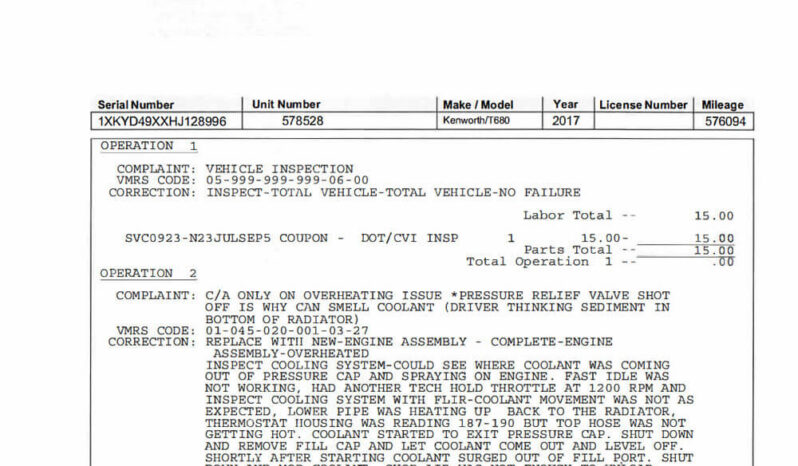 2017 KENWORTH T680 W/190K MILES ON RECON ENGINE full