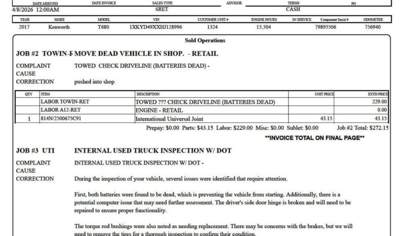 2017 KENWORTH T680 W/190K MILES ON RECON ENGINE full